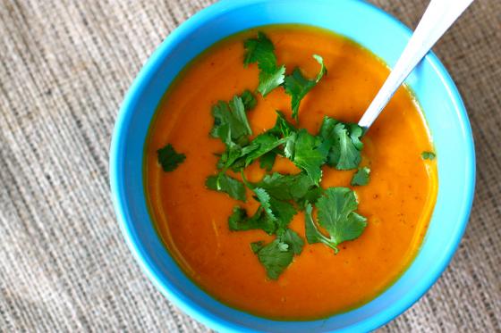 Coconut Curried Sweet Potato Soup in blue bowl